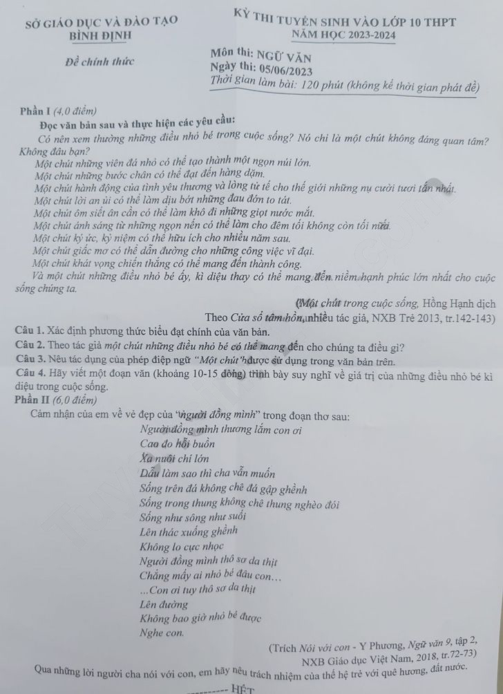 Đề thi vào lớp 10 môn tiếng Văn Bình Định 2023