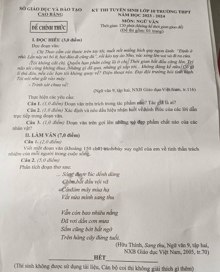 Đề thi tuyển sinh lớp 10 môn Văn Cao Bằng 2023