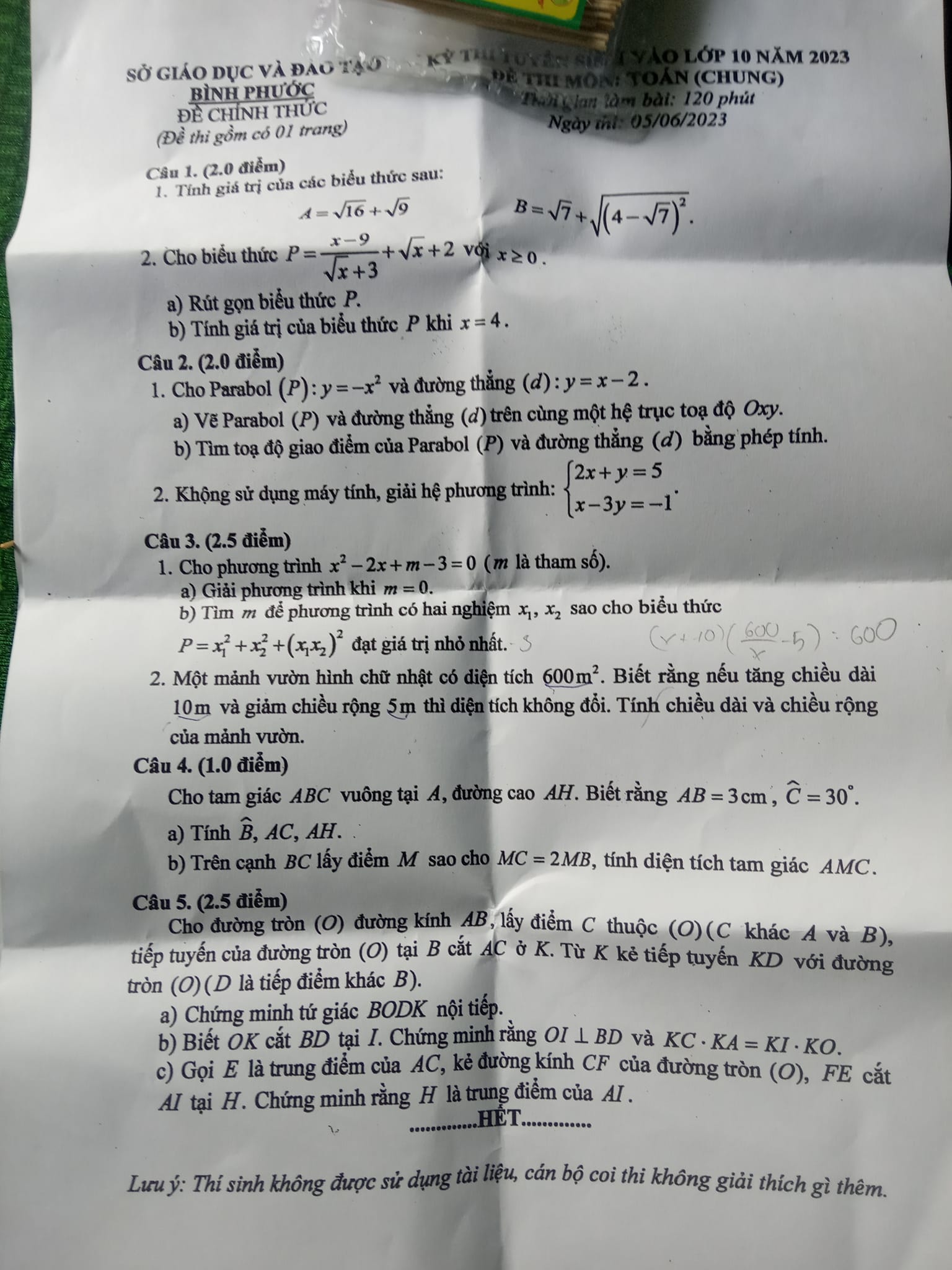 Đề thi tuyển sinh lớp 10 môn Toán Bình Phước 2023