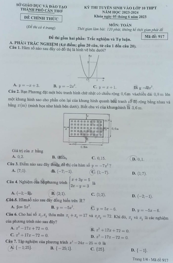 Đề thi tuyển sinh lớp 10 môn Toán Cần Thơ 2023