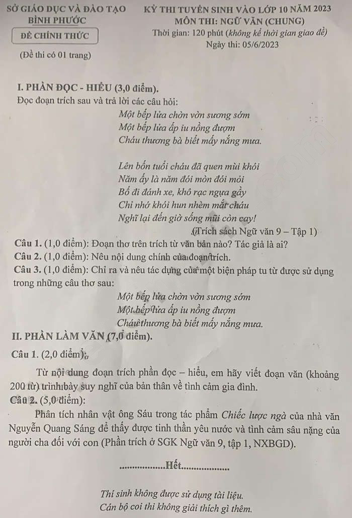 Đề thi tuyển sinh lớp 10 môn Văn Bình Phước 2023
