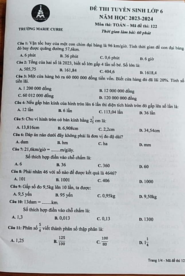 Đề thi vào lớp 6 môn Toán trường Marie Curie 2023