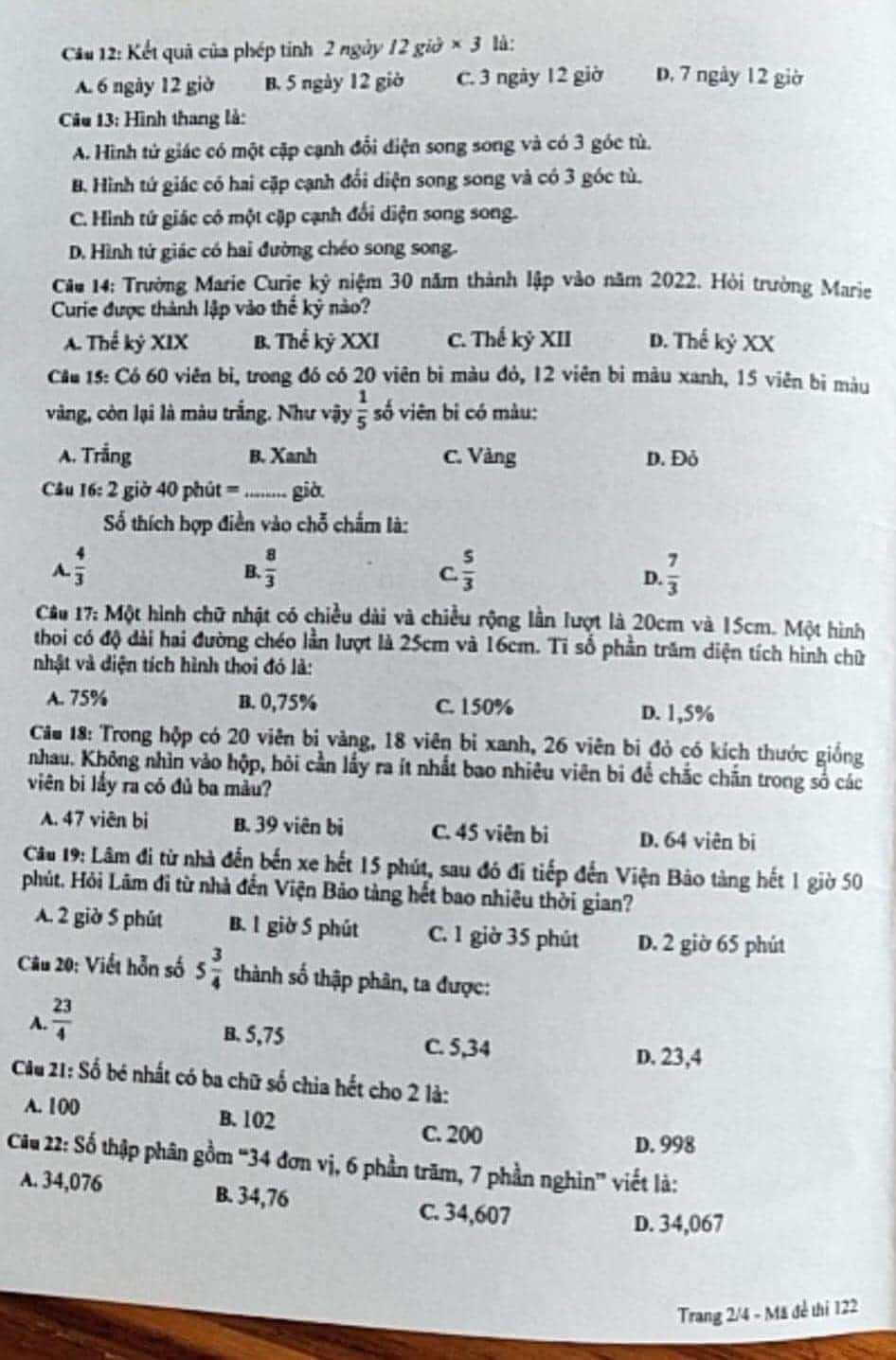 Đề thi vào lớp 6 môn Toán trường Marie Curie 2023