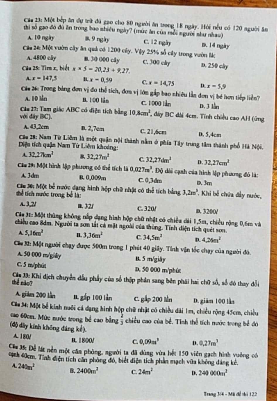 Đề thi vào lớp 6 môn Toán trường Marie Curie 2023