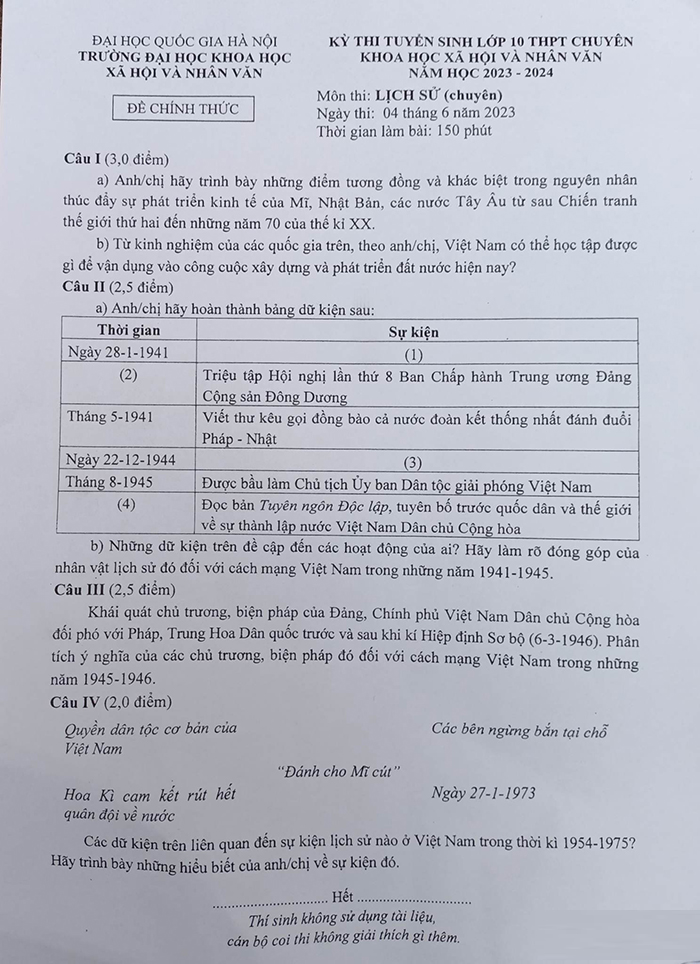 Đề Sử thi tuyển sinh lớp 10 chuyên Khoa học Xã hội và Nhân văn 2023