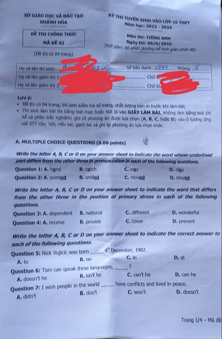 Đề thi vào 10 môn Anh Khánh Hòa 2023