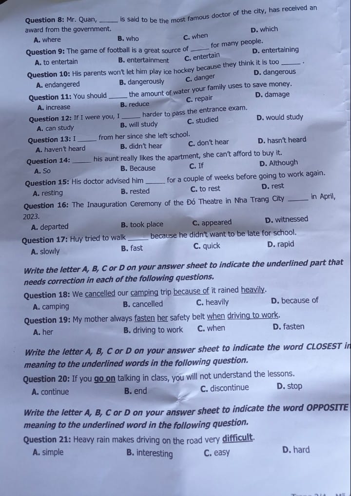 Đề thi vào 10 môn Anh Khánh Hòa 2023