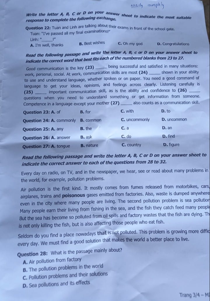 Đề thi vào 10 môn Anh Khánh Hòa 2023