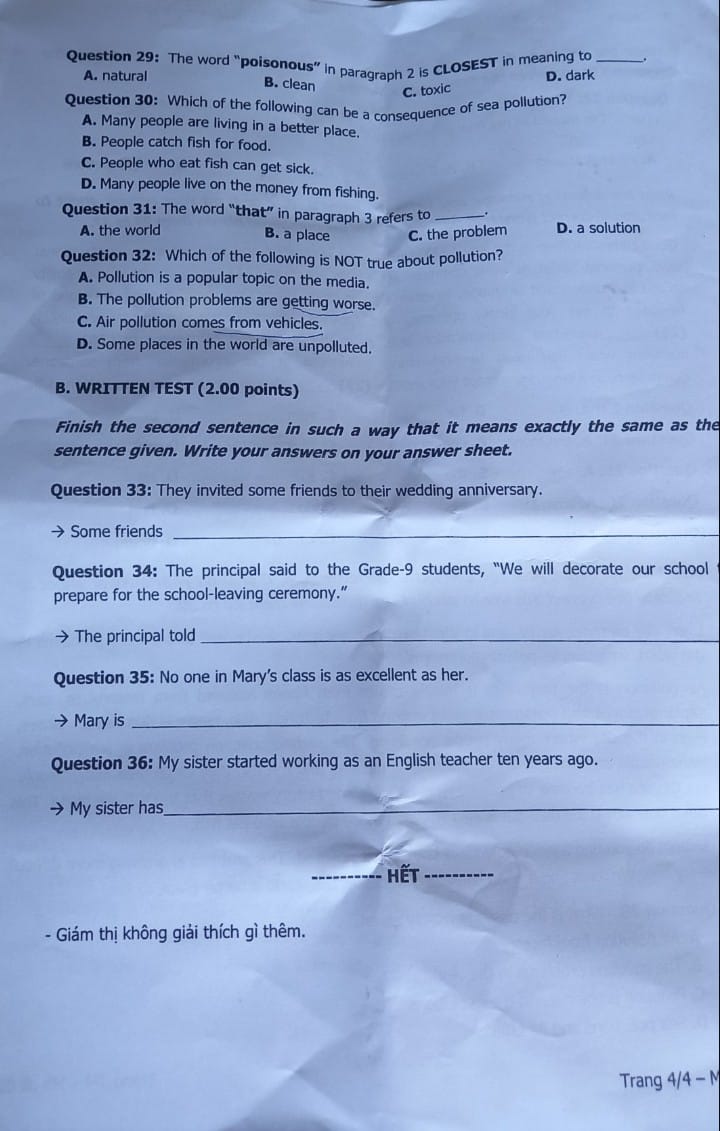 Đề thi vào 10 môn Anh Khánh Hòa 2023