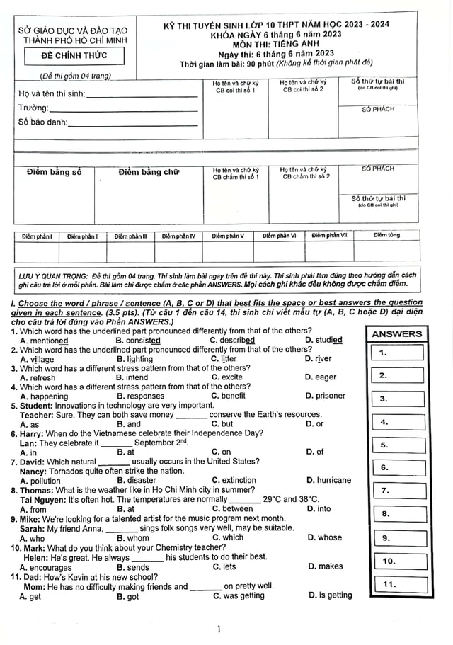 Đề thi tuyển sinh lớp 10 môn Anh TPHCM 2023