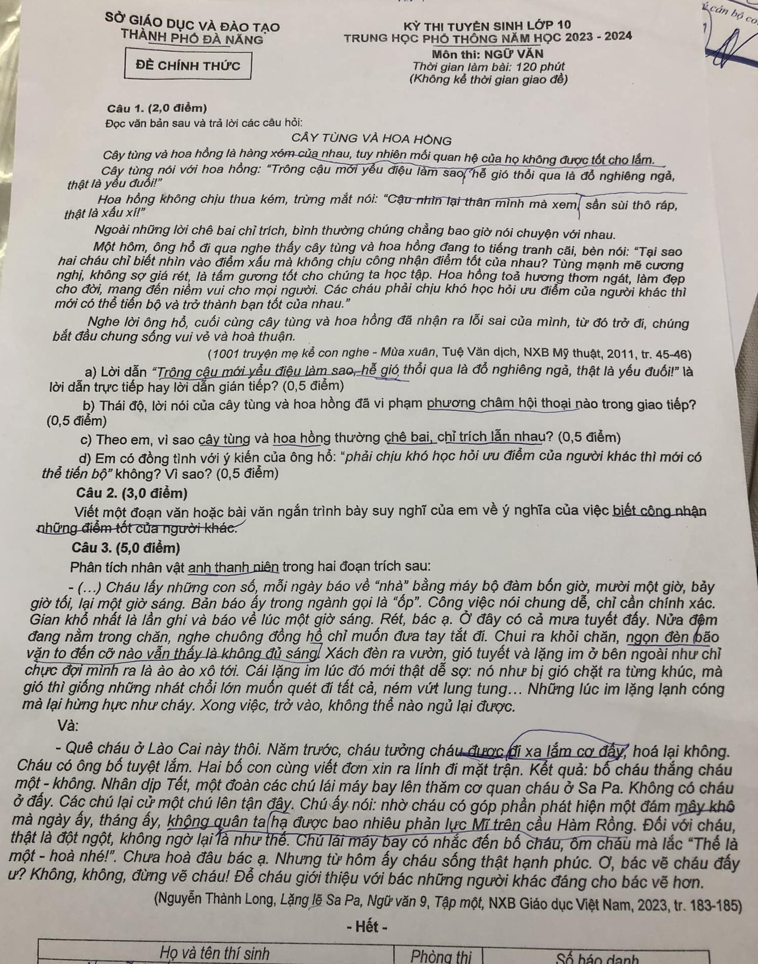 Đề thi vào 10 môn Văn Đà Nẵng 2023