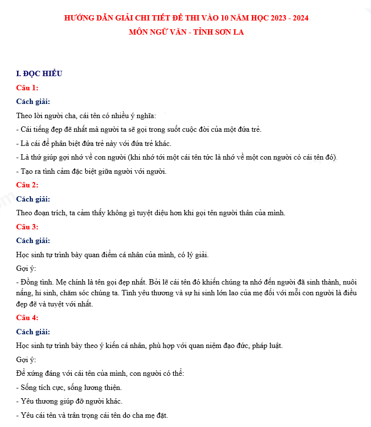 Đáp án đề thi tuyển sinh lớp 10 môn Văn 2023 Sơn La