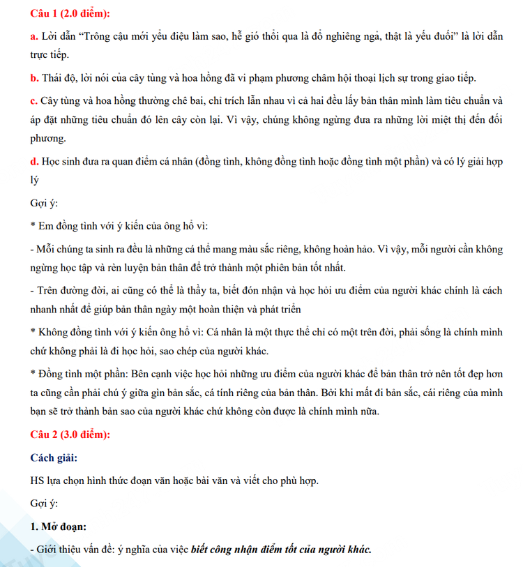 Đáp án đề thi tuyển sinh lớp 10 2023 môn Văn Đà Nẵng