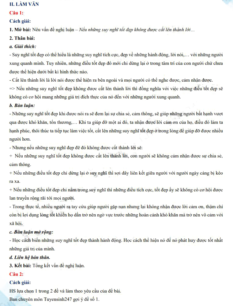 Đáp án đề thi Ngữ văn vào lớp 10 TP HCM 2023