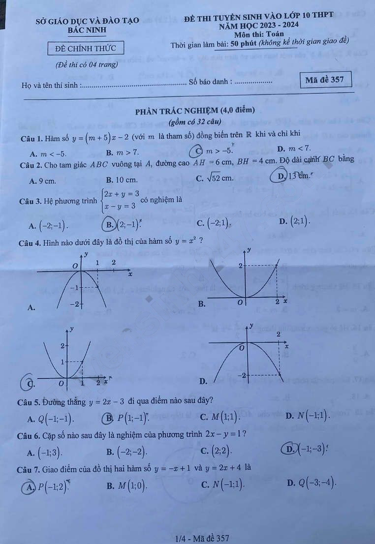 Đề thi tuyển sinh lớp 10 môn Toán Bắc Ninh 2023