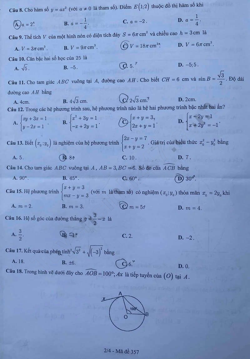 Đề thi tuyển sinh lớp 10 môn Toán Bắc Ninh 2023