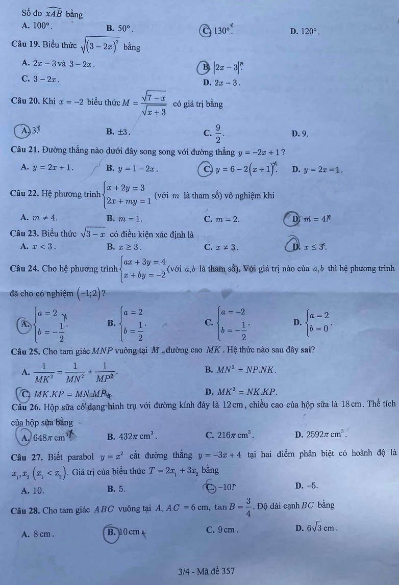 Đề thi tuyển sinh lớp 10 môn Toán Bắc Ninh 2023