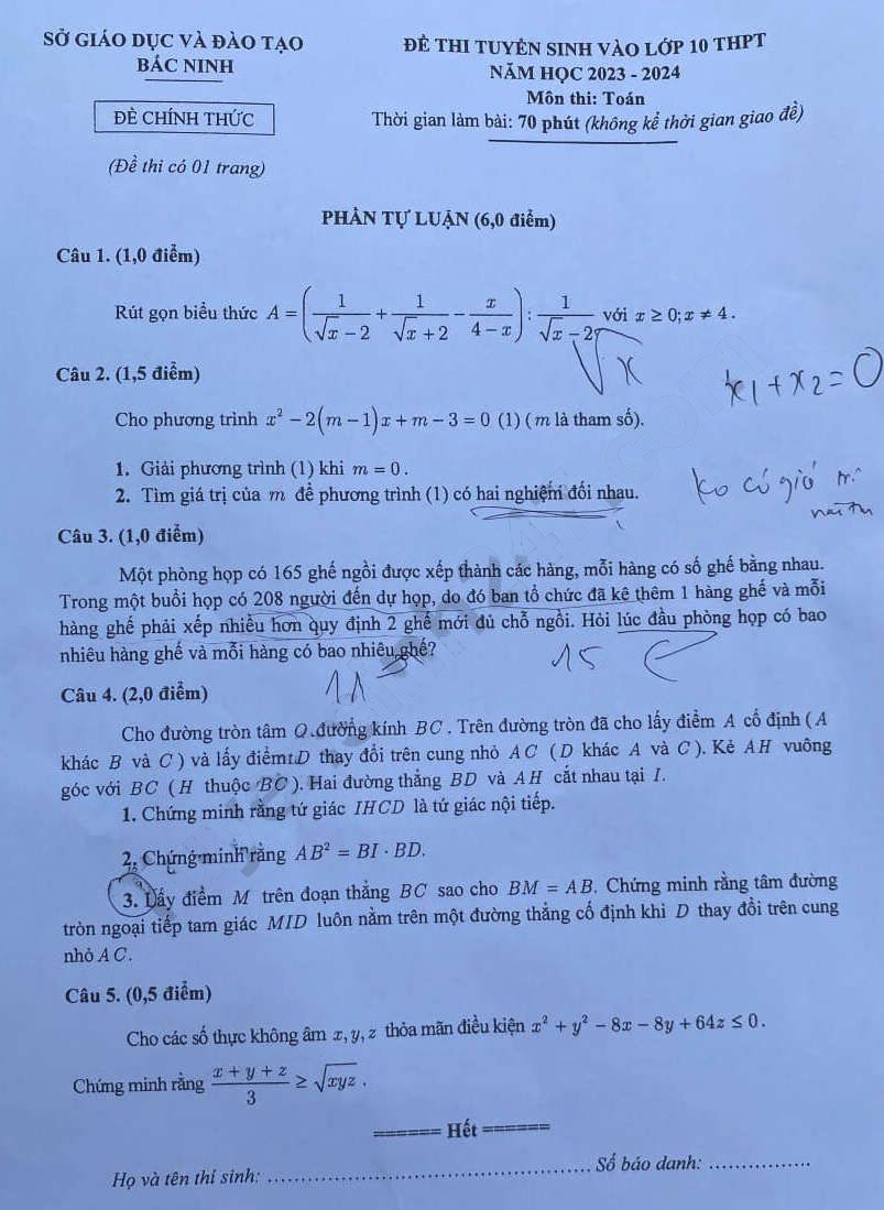 Đề thi tuyển sinh lớp 10 môn Toán Bắc Ninh 2023