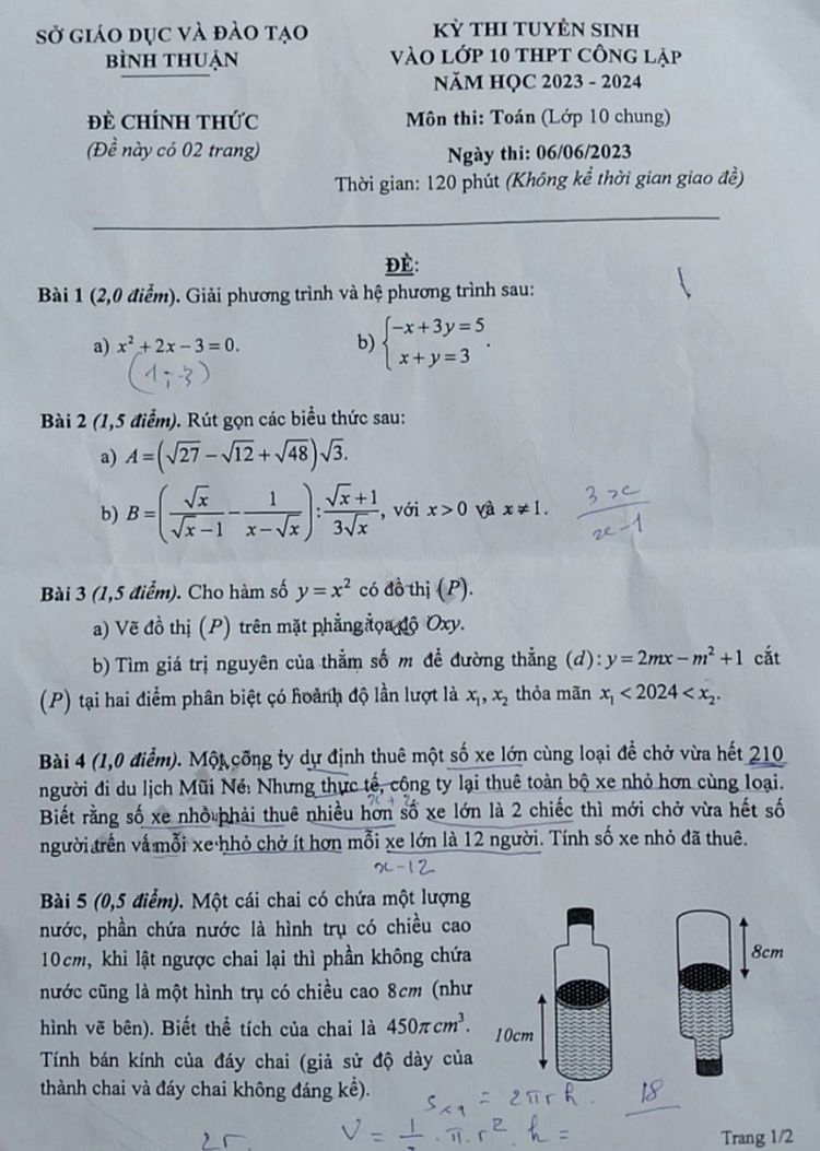 Đề thi Toán vào lớp 10 2023 tỉnh Bình Thuận