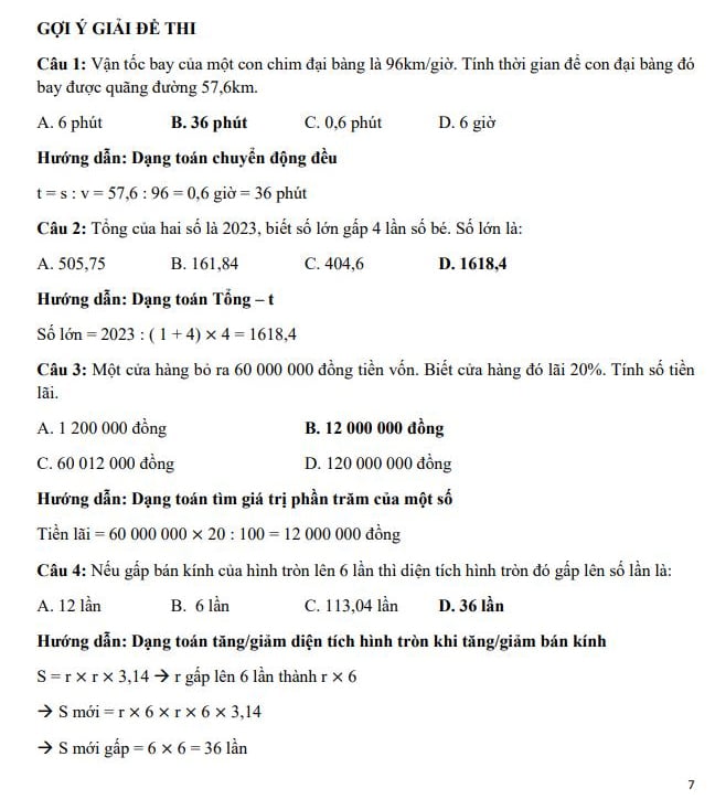 Đáp án đề thi vào lớp 6 môn Toán trường Marie Curie 2023