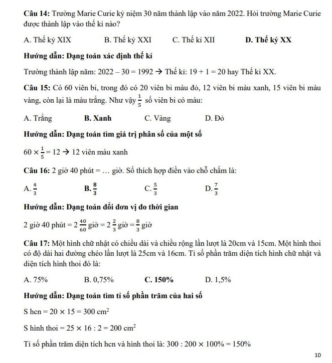 Đáp án đề thi vào lớp 6 môn Toán trường Marie Curie 2023