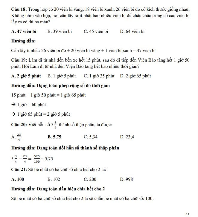 Đáp án đề thi vào lớp 6 môn Toán trường Marie Curie 2023