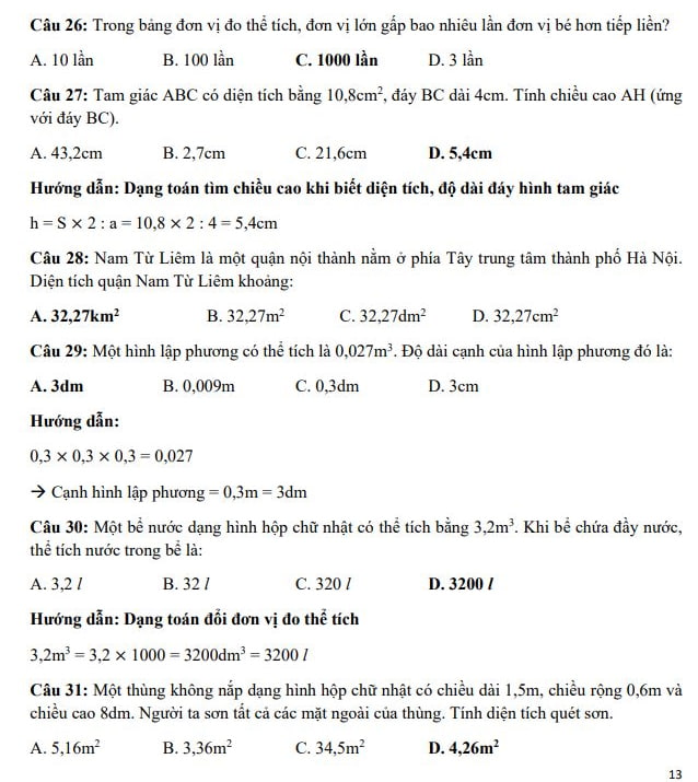 Đáp án đề thi vào lớp 6 môn Toán trường Marie Curie 2023