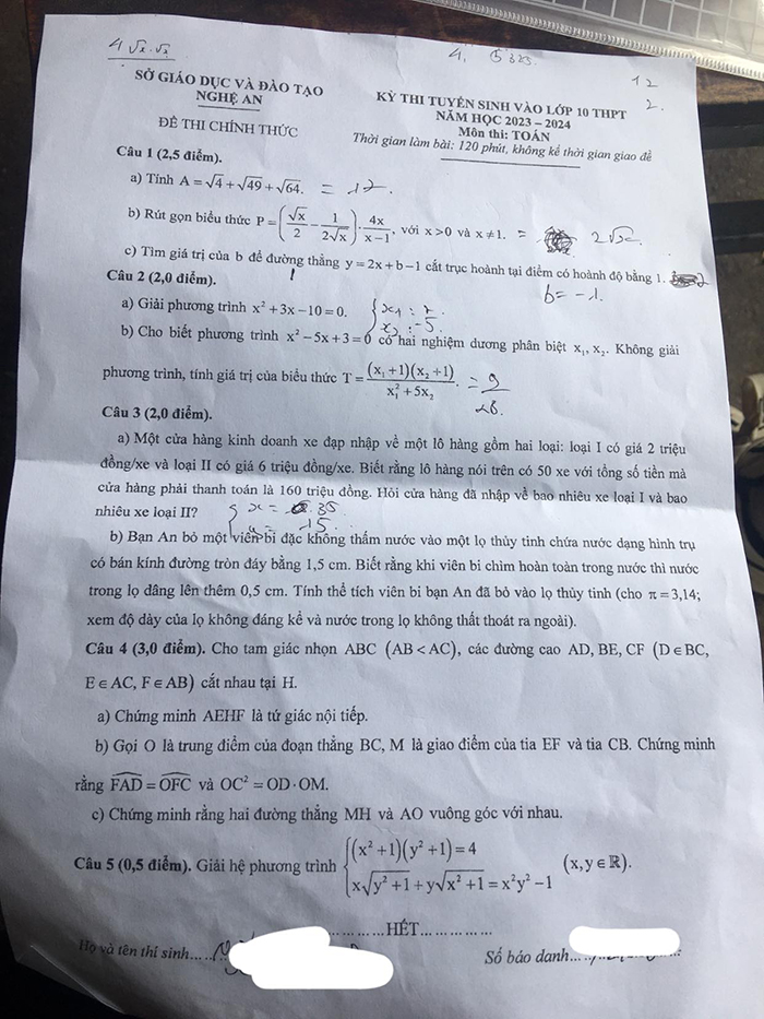 Đề thi tuyển sinh lớp 10 môn Toán Nghệ An 2023