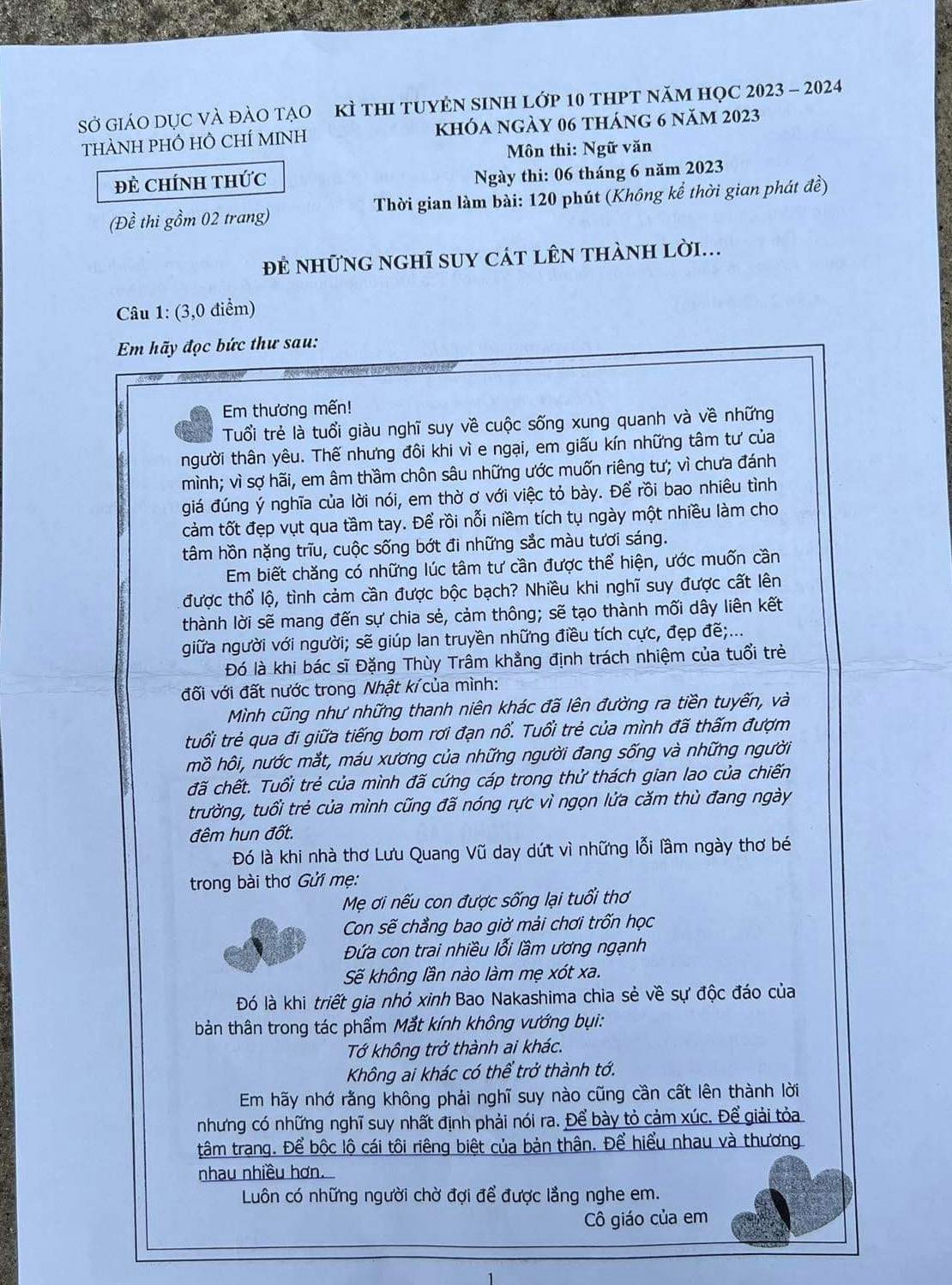 Đề thi tuyển sinh lớp 10 môn Văn TP HCM 2023