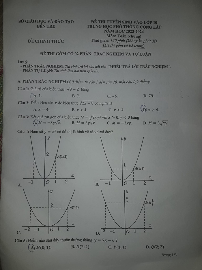 Đề thi tuyển sinh lớp 10 2023 môn Toán tỉnh Bến Tre