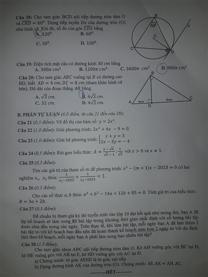 Đề thi tuyển sinh lớp 10 2023 môn Toán tỉnh Bến Tre