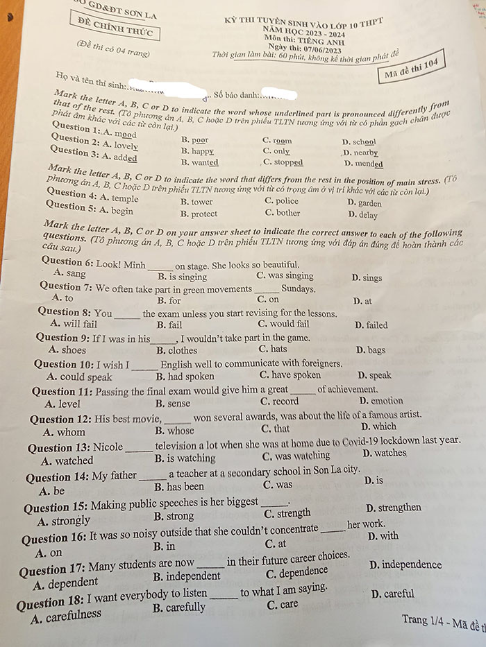 Đề thi vào 10 môn Anh Sơn La 2023
