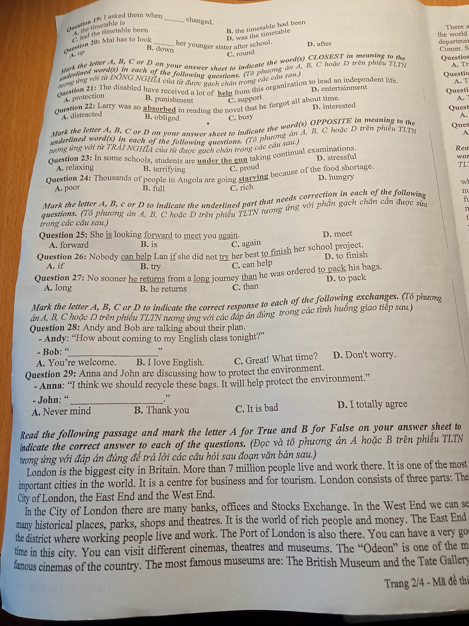 Đề thi vào 10 môn Anh Sơn La 2023