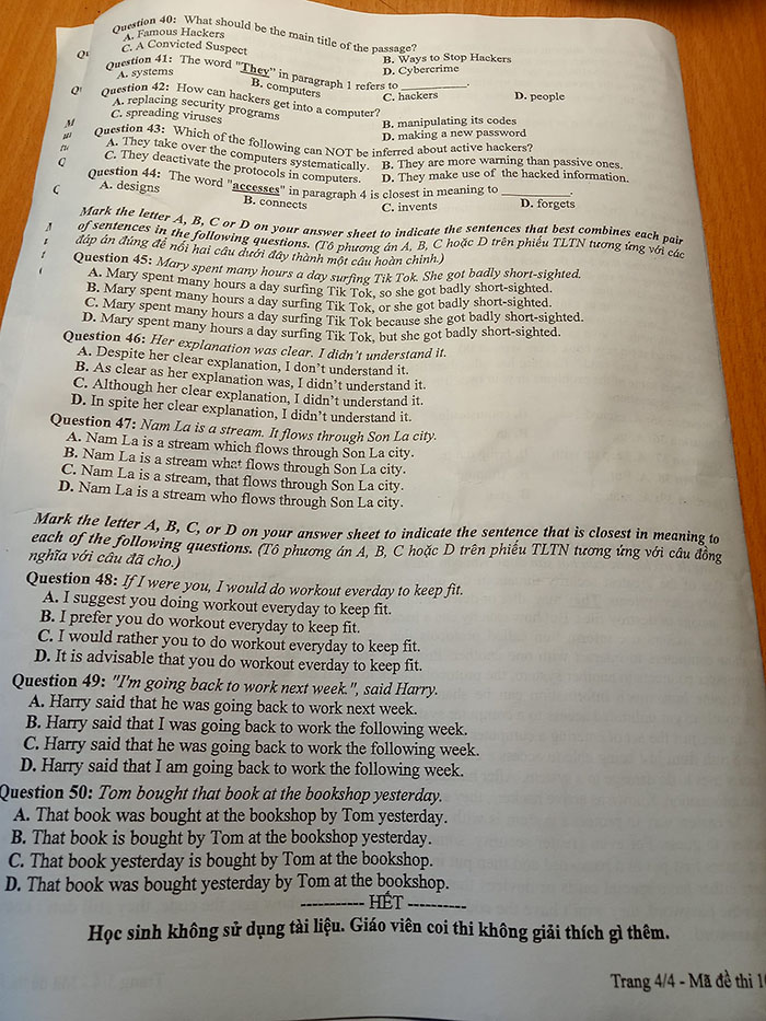 Đề thi vào 10 môn Anh Sơn La 2023