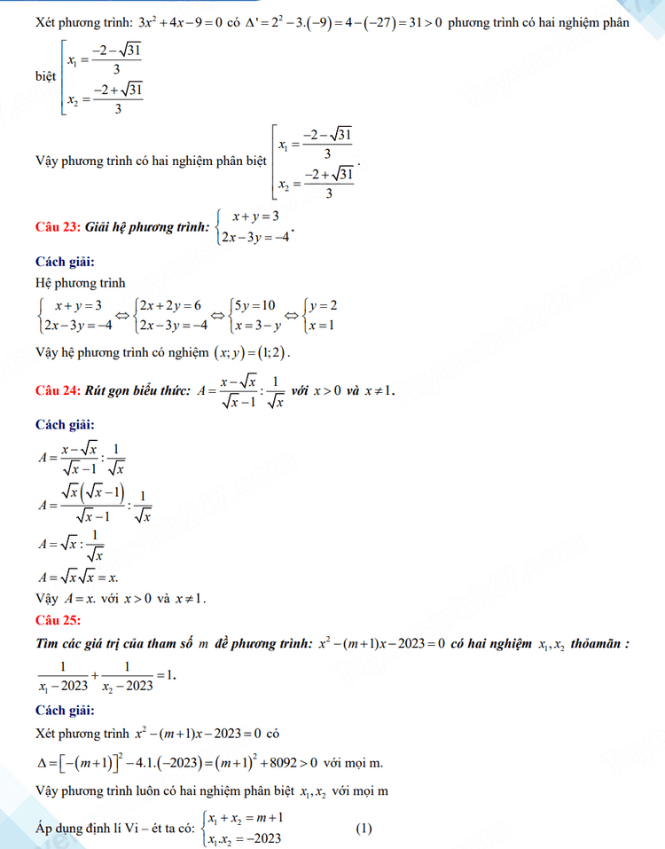 Đáp án đề thi vào 10 Bến Tre môn Toán 2023