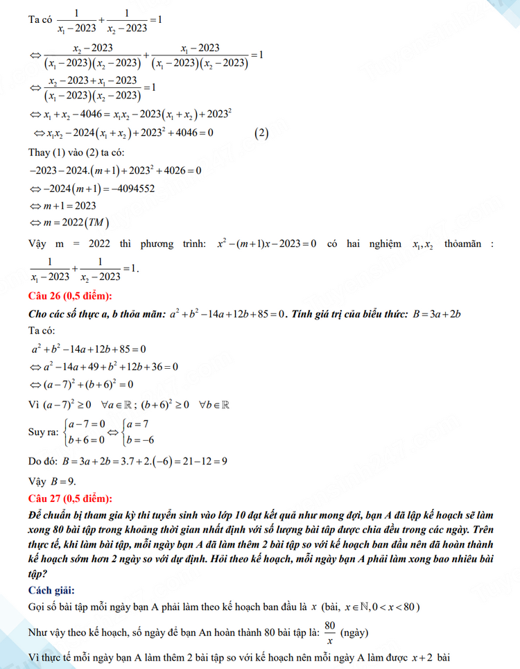 Đáp án đề thi vào 10 Bến Tre môn Toán 2023