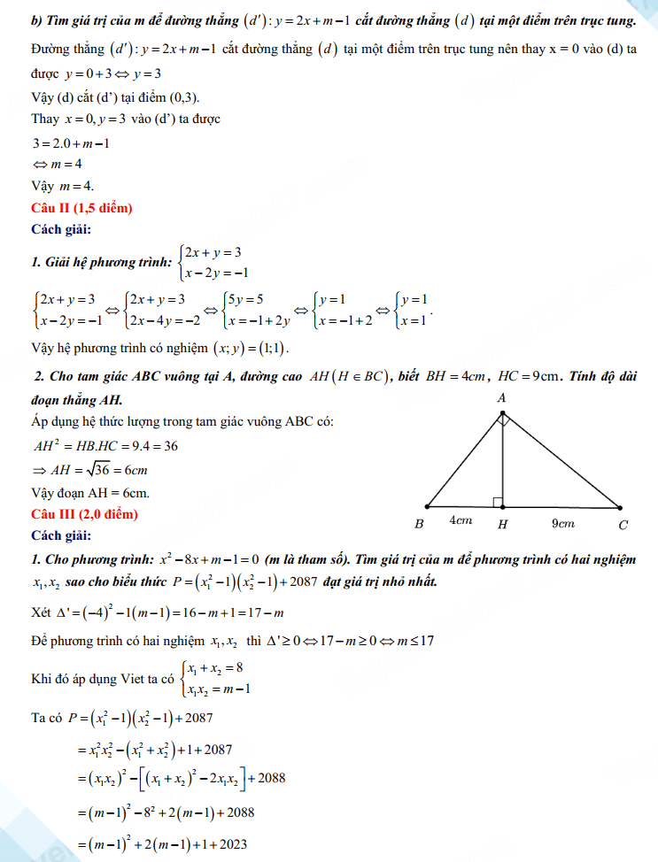Đáp án đề thi vào lớp 10 môn Toán tỉnh Hòa Bình 2023