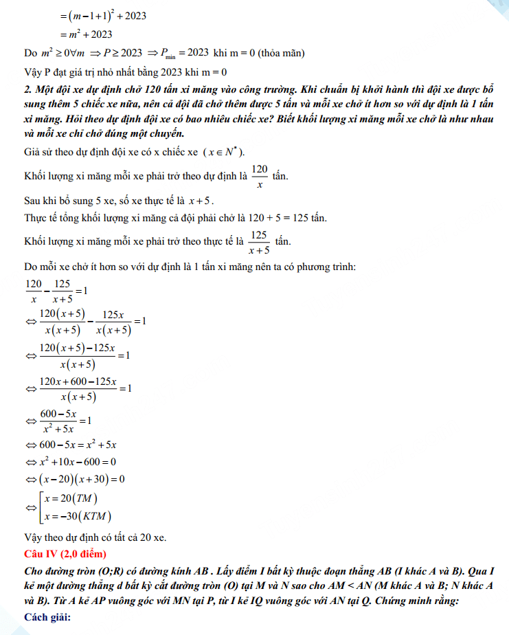 Đáp án đề thi vào lớp 10 môn Toán tỉnh Hòa Bình 2023
