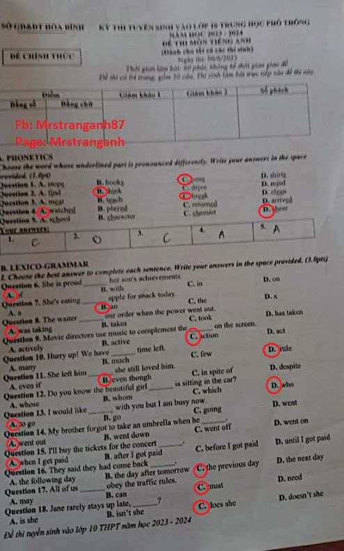 Đáp án đề thi vào lớp 10 môn tiếng Anh tỉnh Hòa Bình 2023