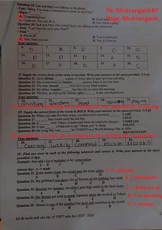 Đáp án đề thi vào lớp 10 môn tiếng Anh tỉnh Hòa Bình 2023