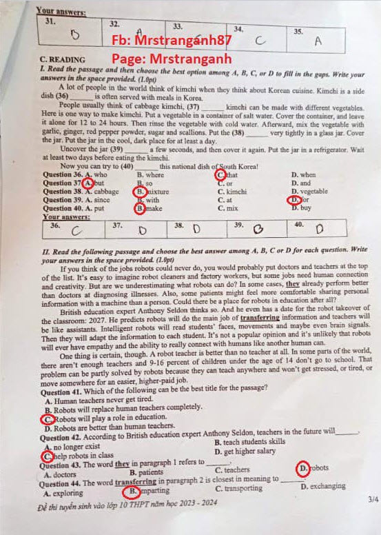 Đáp án đề thi vào lớp 10 môn tiếng Anh tỉnh Hòa Bình 2023
