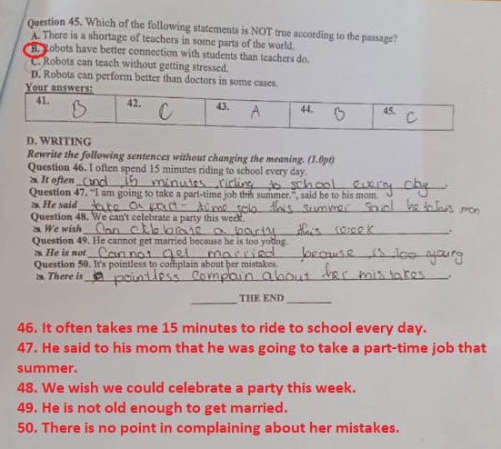 Đáp án đề thi vào lớp 10 môn tiếng Anh tỉnh Hòa Bình 2023