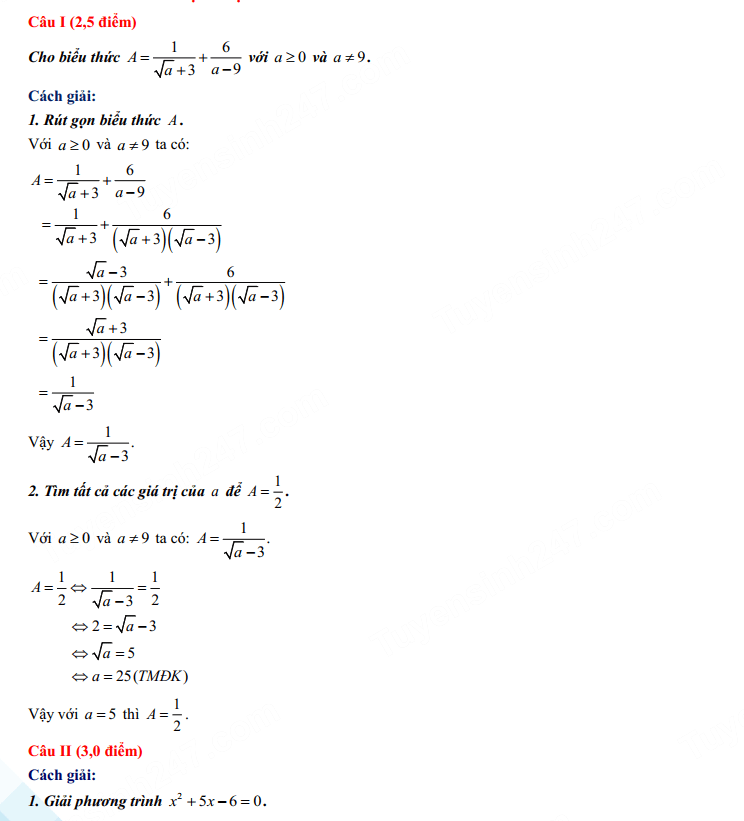 Đáp án đề thi tuyển sinh lớp 10 môn Toán 2023 Quảng Bình