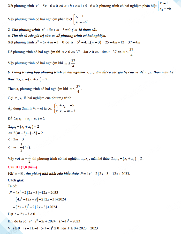 Đáp án đề thi tuyển sinh lớp 10 môn Toán 2023 Quảng Bình