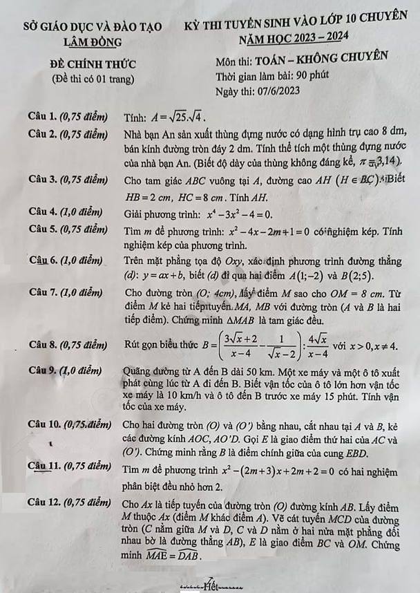 Đề thi vào lớp 10 môn Toán tỉnh Lâm Đồng 2023