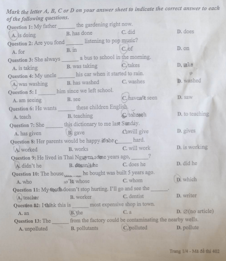 Đề thi vào lớp 10 môn tiếng Anh Thái Nguyên 2023