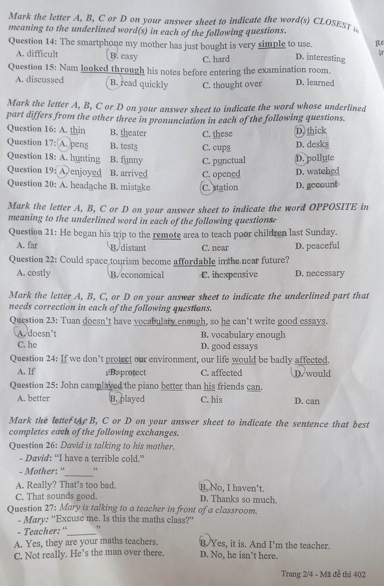 Đề thi vào lớp 10 môn tiếng Anh Thái Nguyên 2023