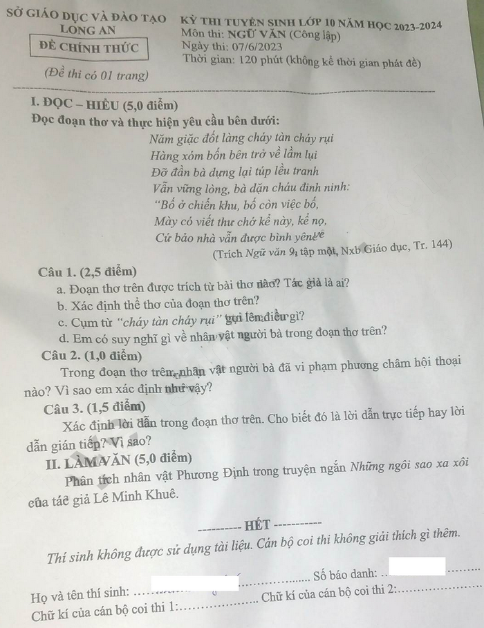 Đề thi vào 10 môn Văn Long An 2023