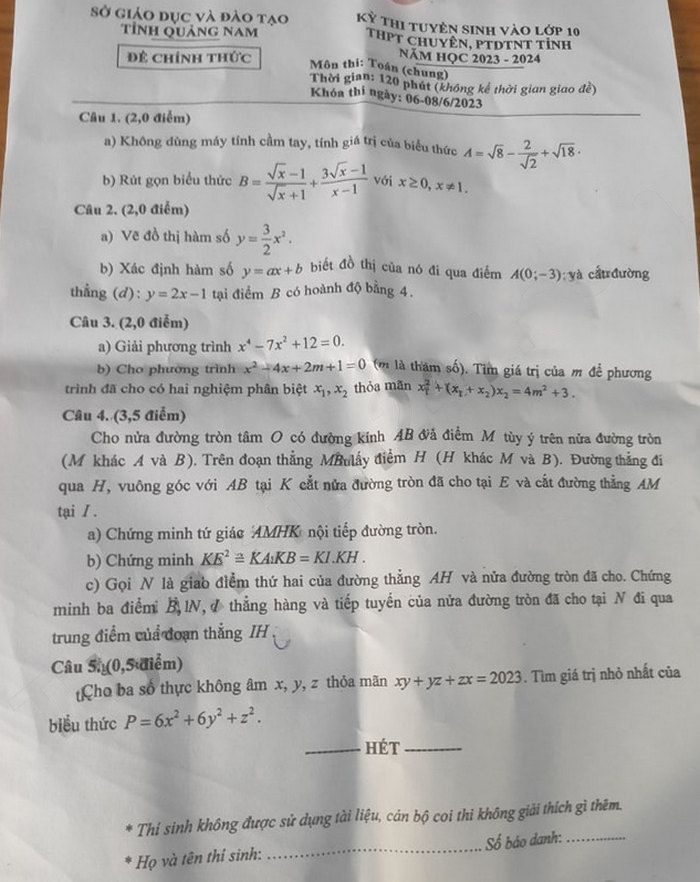 Đề thi tuyển sinh lớp 10 môn Toán Quảng Nam 2023