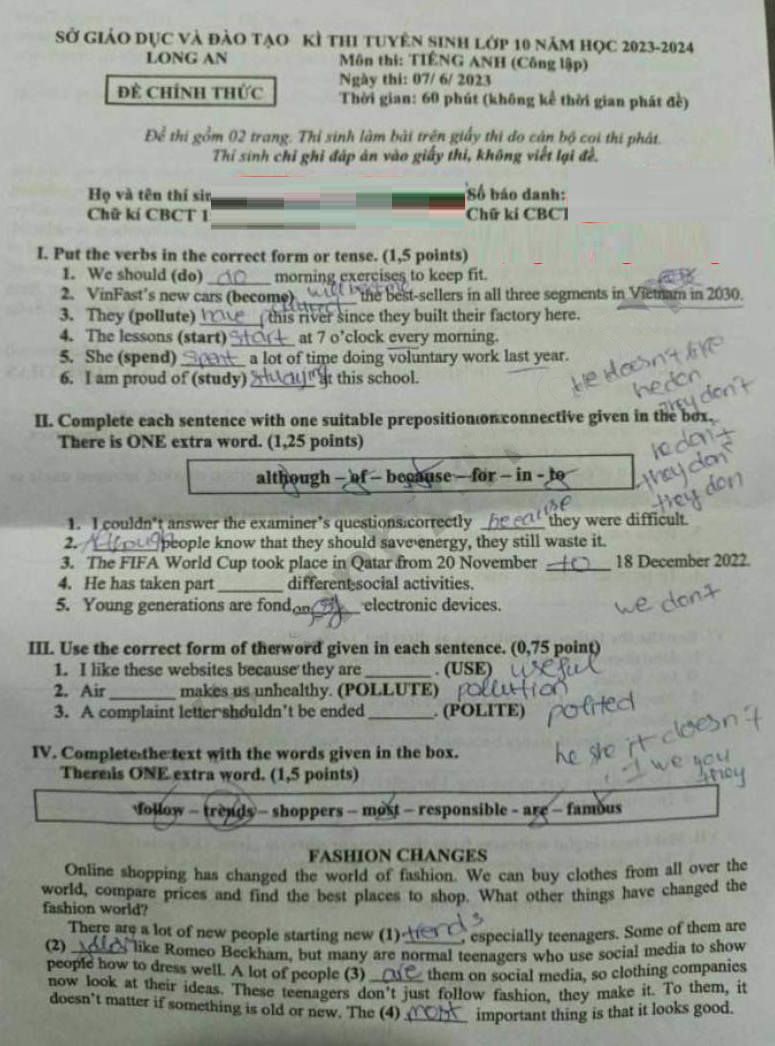 Đề thi vào 10 môn Anh Long An 2023